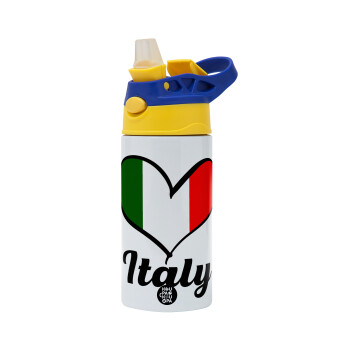 Italy flag, Children's hot water bottle, stainless steel, with safety straw, green, blue (360ml) BPA FREE