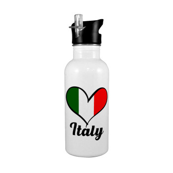 Italy flag, White water bottle with straw, stainless steel 600ml