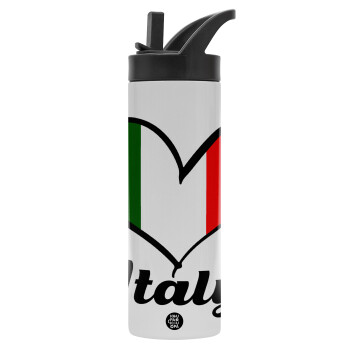 Italy flag, Μεταλλικό παγούρι θερμός με καλαμάκι & χειρολαβή, ανοξείδωτο ατσάλι (Stainless steel 304), διπλού τοιχώματος, 600ml