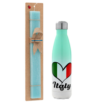 Italy flag, Easter Set, Metallic green/white thermos (Stainless steel), double-walled, 500ml & scented flat Easter candle (30cm) (TURQUOISE)