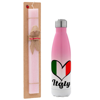 Italy flag, Easter Set, Metallic pink/white (Stainless steel) thermos, double-walled, 500ml & aromatic flat Easter candle (30cm) (PINK)