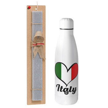 Italy flag, Easter Set, metallic Inox water bottle (700ml) & Easter scented flat candle (30cm) (GRAY)