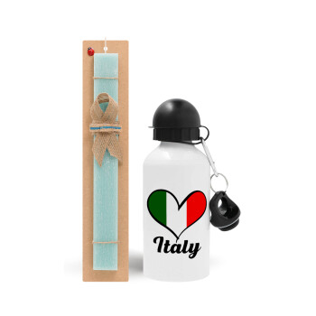 Italy flag, Easter Set, metallic aluminum water bottle (500ml) & scented flat candle (30cm) (TURQUOISE)