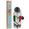 Easter Set, metallic silver aluminum water bottle (500ml) & scented flat Easter candle (30cm) (TURQUOISE)