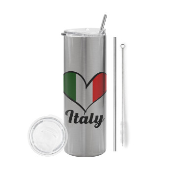 Italy flag, Eco friendly stainless steel Silver tumbler 600ml, with metal straw & cleaning brush