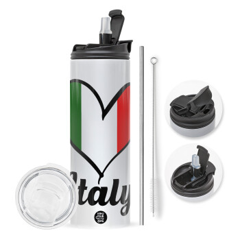 Italy flag, Travel Tumbler θερμό με διπλό καπάκι, μεταλλικό καλαμάκι και βούρτσα καθαρισμού (Ανωξείδωτο 304 Food grade, BPA free, 600ml)