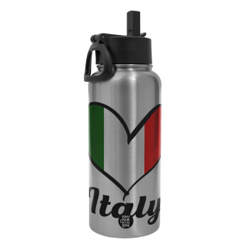 Italy flag, Metal mug thermo Silver with Straw and Spout Lid (Stainless steel), double wall, 950ml