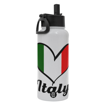 Italy flag, Metal mug thermo White with Straw and Spout Lid (Stainless steel), double wall, 950ml