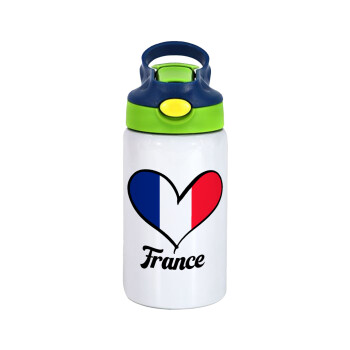 France flag, Children's hot water bottle, stainless steel, with safety straw, green, blue (350ml)