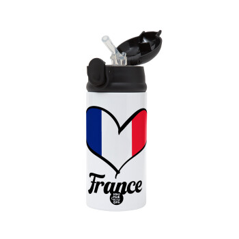 France flag, Children's hot water bottle, stainless steel, with safety straw, Black (360ml) BPA-FREE