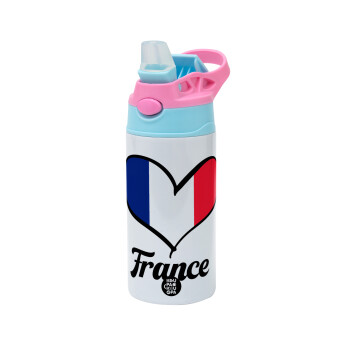 France flag, Children's hot water bottle, stainless steel, with safety straw, Pink/BlueCiel (360ml) BPA FREE