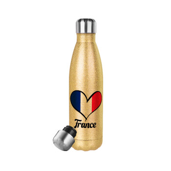 France flag, Glitter gold stainless steel thermos bottle, double-walled, 500ml