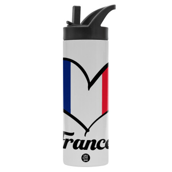 France flag, Μεταλλικό παγούρι θερμός με καλαμάκι & χειρολαβή, ανοξείδωτο ατσάλι (Stainless steel 304), διπλού τοιχώματος, 600ml