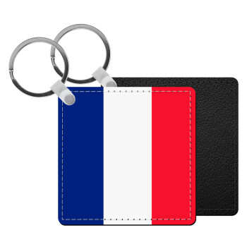 France flag, Μπρελόκ Δερματίνη, τετράγωνο ΜΑΥΡΟ (5x5cm)