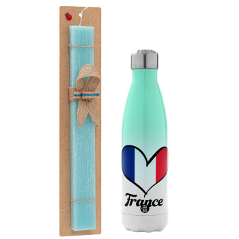 France flag, Easter Set, Metallic green/white thermos (Stainless steel), double-walled, 500ml & scented flat Easter candle (30cm) (TURQUOISE)