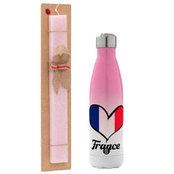 France flag, Easter Set, Metallic pink/white (Stainless steel) thermos, double-walled, 500ml & aromatic flat Easter candle (30cm) (PINK)