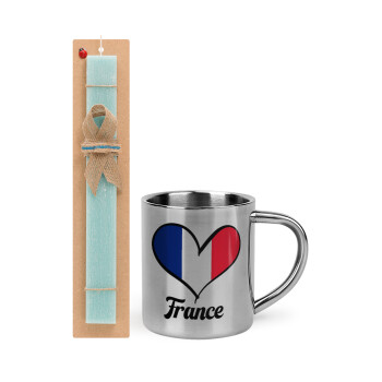 France flag, Easter Set, metallic thermal cup (300ml) & aromatic flat Easter candle (30cm) (TURQUOISE)