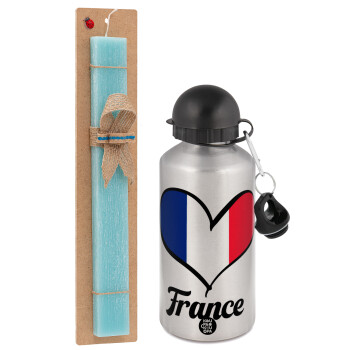 France flag, Easter Set, metallic silver aluminum water bottle (500ml) & scented flat Easter candle (30cm) (TURQUOISE)