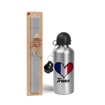 France flag, Easter Set, metallic silver aluminum water bottle (500ml) & aromatic flat Easter candle (30cm) (GRAY)