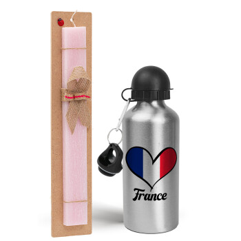 France flag, Easter Set, metallic Silver aluminum water bottle (500ml) & scented flat Easter candle (30cm) (PINK)