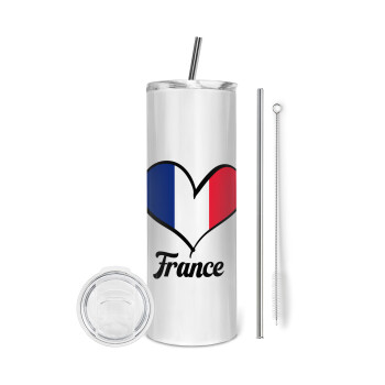 France flag, Tumbler ποτήρι θερμό από ανοξείδωτο ατσάλι 600ml, με μεταλλικό καλαμάκι & βούρτσα καθαρισμού