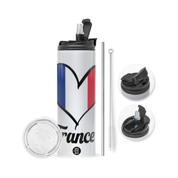 France flag, Travel Tumbler θερμό με διπλό καπάκι, μεταλλικό καλαμάκι και βούρτσα καθαρισμού (Ανωξείδωτο 304 Food grade, BPA free, 600ml)