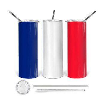 France flag, Tumbler ποτήρι θερμό από ανοξείδωτο ατσάλι 600ml, με μεταλλικό καλαμάκι & βούρτσα καθαρισμού