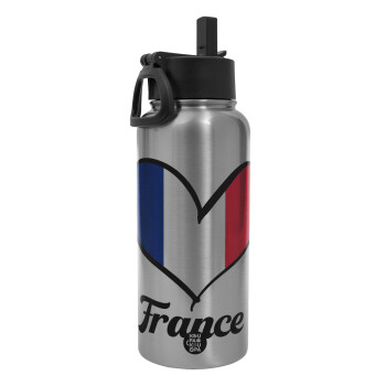 France flag, Metal mug thermo Silver with Straw and Spout Lid (Stainless steel), double wall, 950ml