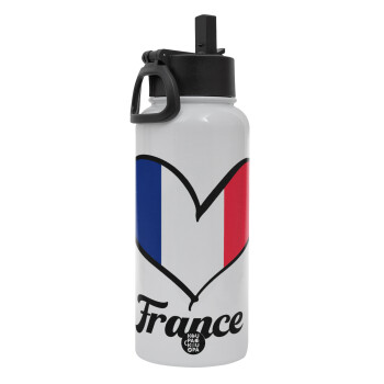 France flag, Metal mug thermo White with Straw and Spout Lid (Stainless steel), double wall, 950ml