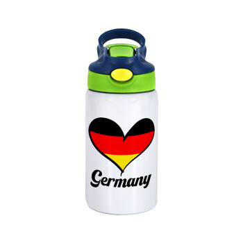 Germany flag, Children's hot water bottle, stainless steel, with safety straw, green, blue (350ml)