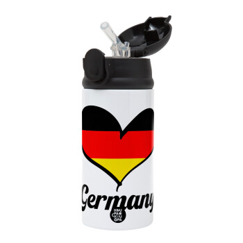 Germany flag, Children's hot water bottle, stainless steel, with safety straw, Black (360ml) BPA-FREE