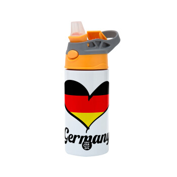 Germany flag, Children's hot water bottle, stainless steel, with safety straw, Orange/Grey (360ml) BPA-FREE