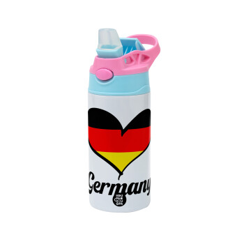 Germany flag, Children's hot water bottle, stainless steel, with safety straw, Pink/BlueCiel (360ml) BPA FREE