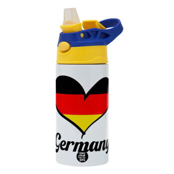 Germany flag, Children's hot water bottle, stainless steel, with safety straw, green, blue (360ml) BPA FREE