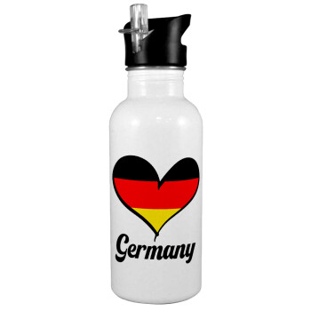 Germany flag, White water bottle with straw, stainless steel 600ml