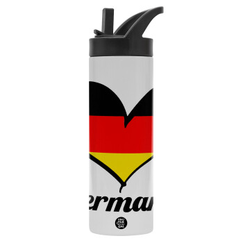 Germany flag, Μεταλλικό παγούρι θερμός με καλαμάκι & χειρολαβή, ανοξείδωτο ατσάλι (Stainless steel 304), διπλού τοιχώματος, 600ml