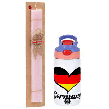 Germany flag, Easter Set, Children's thermal stainless steel water bottle with safety straw, pink/purple (350ml) & Easter scented flat candle (30cm) (PINK)