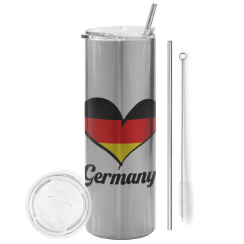 Germany flag, Eco friendly stainless steel Silver tumbler 600ml, with metal straw & cleaning brush