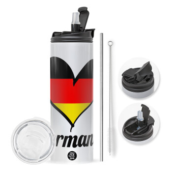 Germany flag, Travel Tumbler θερμό με διπλό καπάκι, μεταλλικό καλαμάκι και βούρτσα καθαρισμού (Ανωξείδωτο 304 Food grade, BPA free, 600ml)