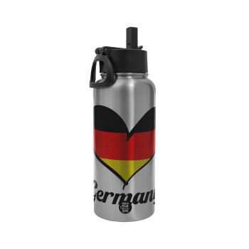 Germany flag, Metal mug thermo Silver with Straw and Spout Lid (Stainless steel), double wall, 950ml