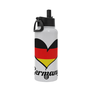 Germany flag, Metal mug thermo White with Straw and Spout Lid (Stainless steel), double wall, 950ml