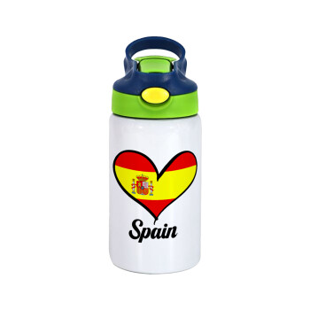 Spain flag, Children's hot water bottle, stainless steel, with safety straw, green, blue (350ml)