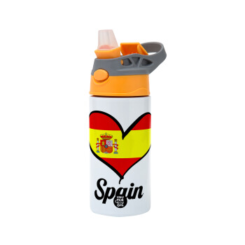 Spain flag, Children's hot water bottle, stainless steel, with safety straw, Orange/Grey (360ml) BPA-FREE