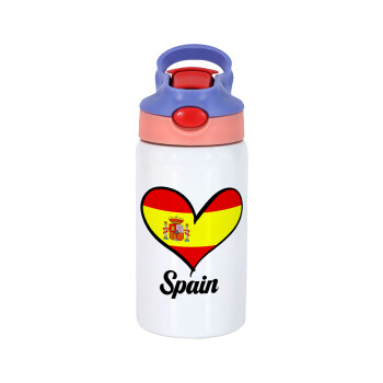 Spain flag, Children's hot water bottle, stainless steel, with safety straw, pink/purple (350ml)