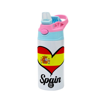 Spain flag, Children's hot water bottle, stainless steel, with safety straw, Pink/BlueCiel (360ml) BPA FREE