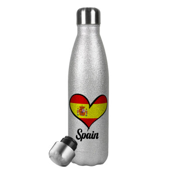 Spain flag, Metallic Glitter Silver Thermos Flask (Stainless steel), double-walled, 500ml