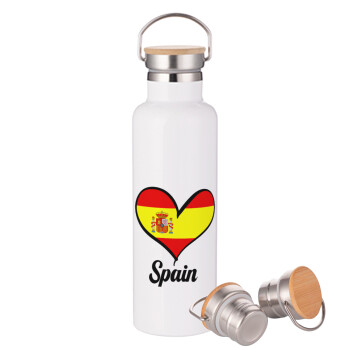 Spain flag, Stainless steel White with wooden lid (bamboo), double wall, 750ml