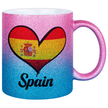 Spain flag, Κούπα Χρυσή/Μπλε Glitter, κεραμική, 330ml