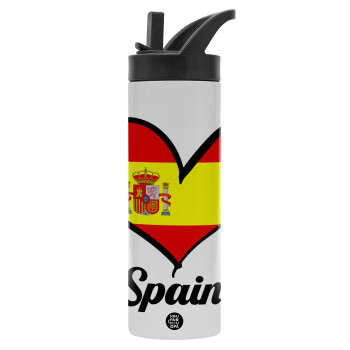 Spain flag, Metallic thermos bottle with straw & handle, stainless steel (Stainless steel 304), double-walled, 600ml.