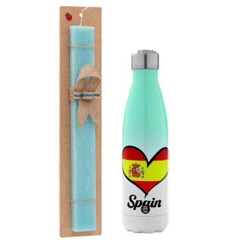 Spain flag, Easter Set, Metallic green/white thermos (Stainless steel), double-walled, 500ml & scented flat Easter candle (30cm) (TURQUOISE)